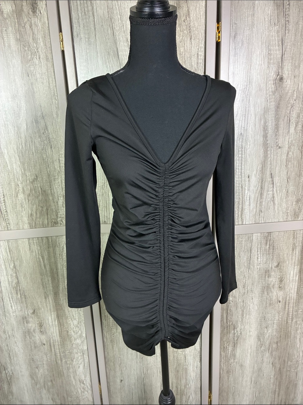 Sexy Little Black Ruched V-Neck Long Sleeve Dress Women's M